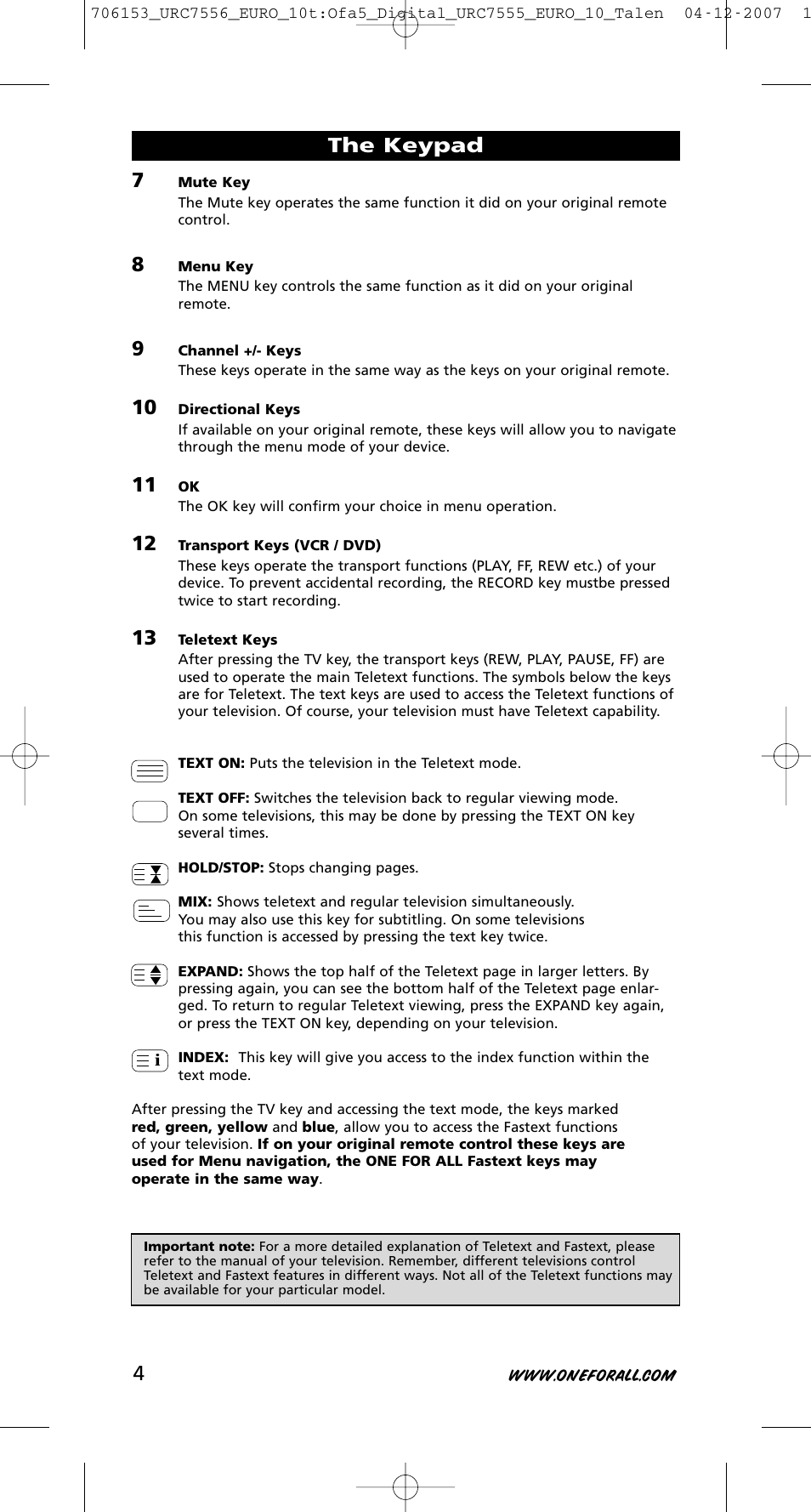 The keypad | One for All URC-7556 User Manual | Page 5 / 224