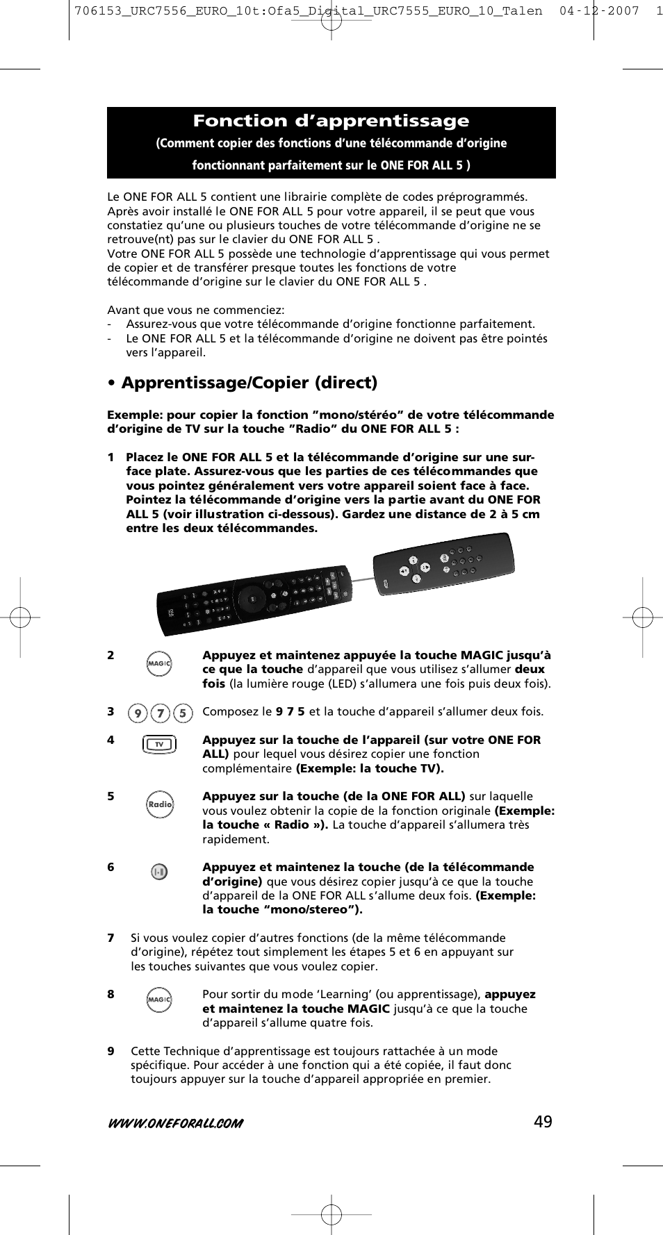 Apprentissage/copier (direct), Fonction d’apprentissage | One for All URC-7556 User Manual | Page 50 / 224