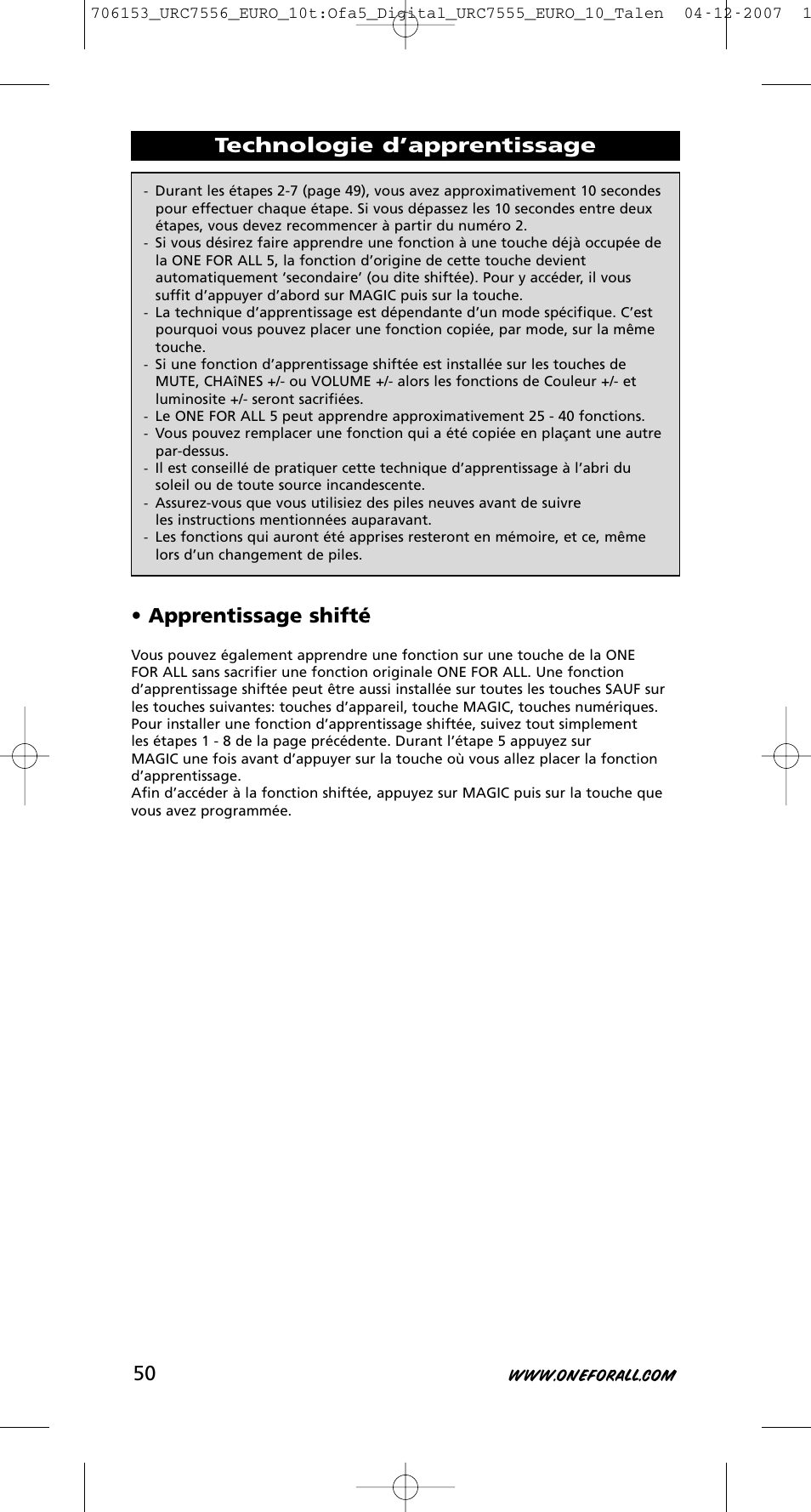 Technologie d’apprentissage • apprentissage shifté | One for All URC-7556 User Manual | Page 51 / 224