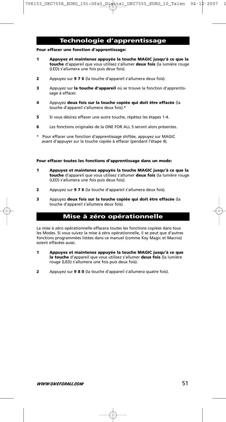 Mise à zéro opérationnelle, Technologie d’apprentissage | One for All URC-7556 User Manual | Page 52 / 224