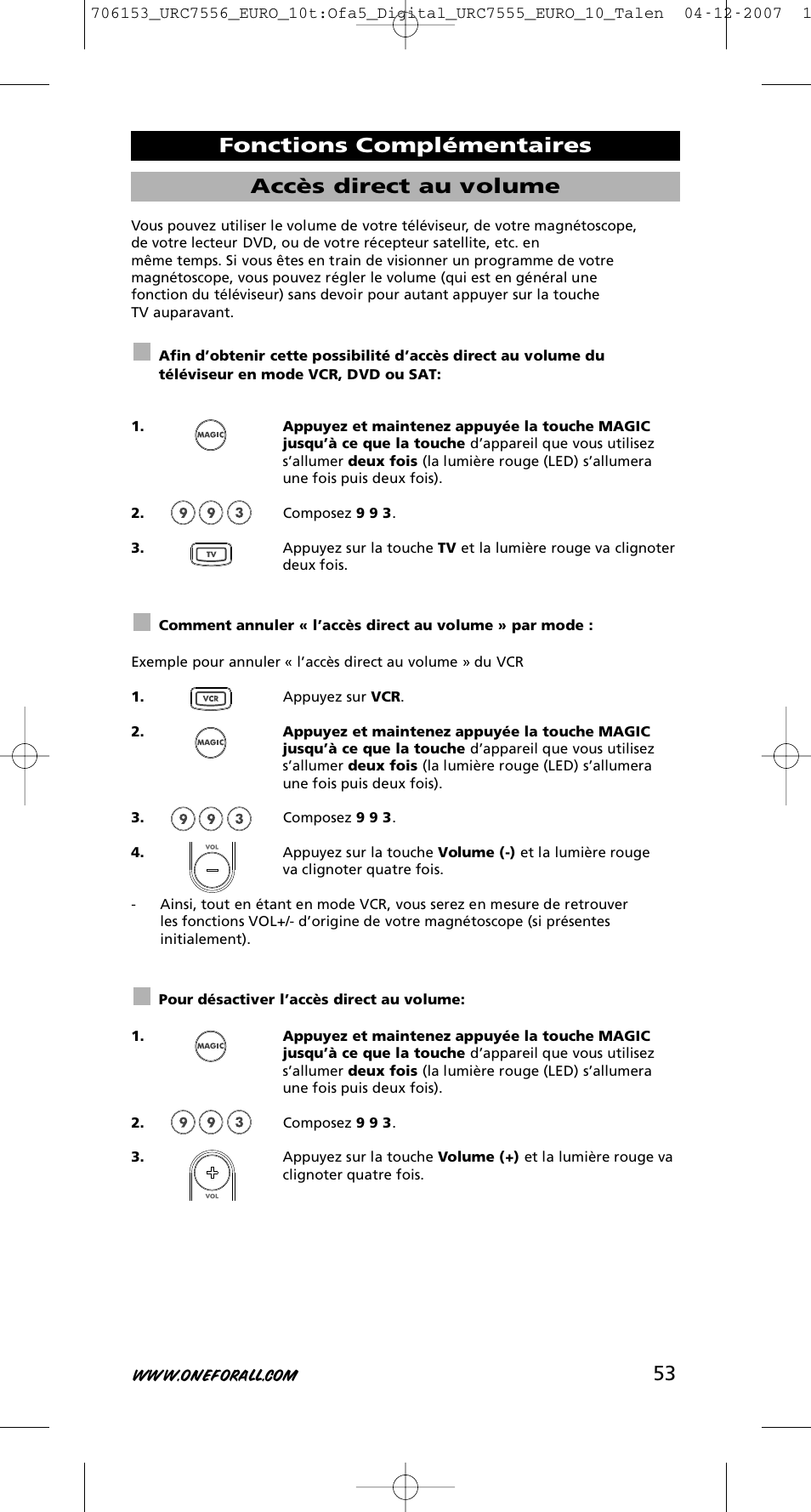 53 accès direct au volume, Fonctions complémentaires | One for All URC-7556 User Manual | Page 54 / 224