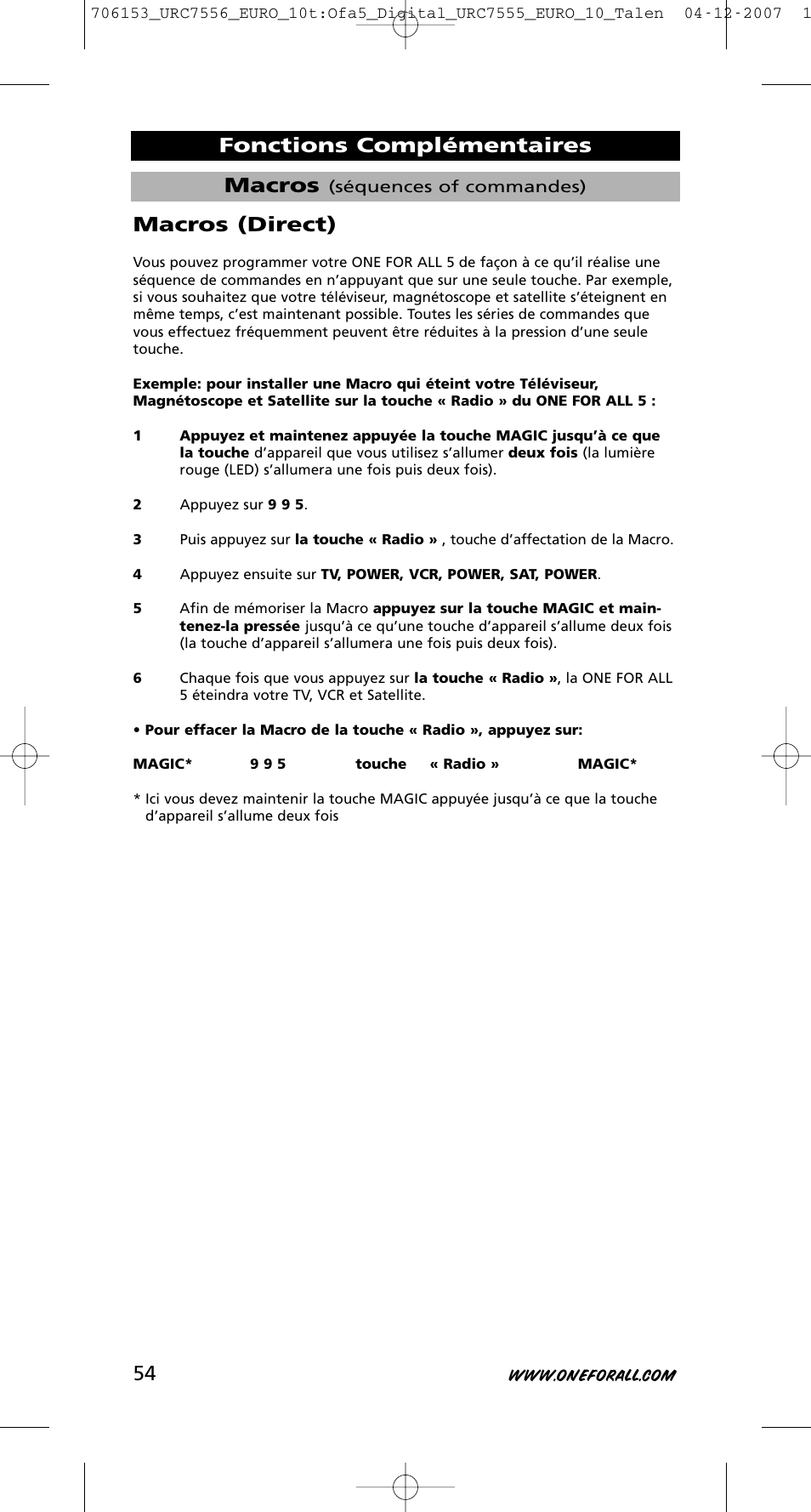 Macros, Fonctions complémentaires macros (direct) | One for All URC-7556 User Manual | Page 55 / 224