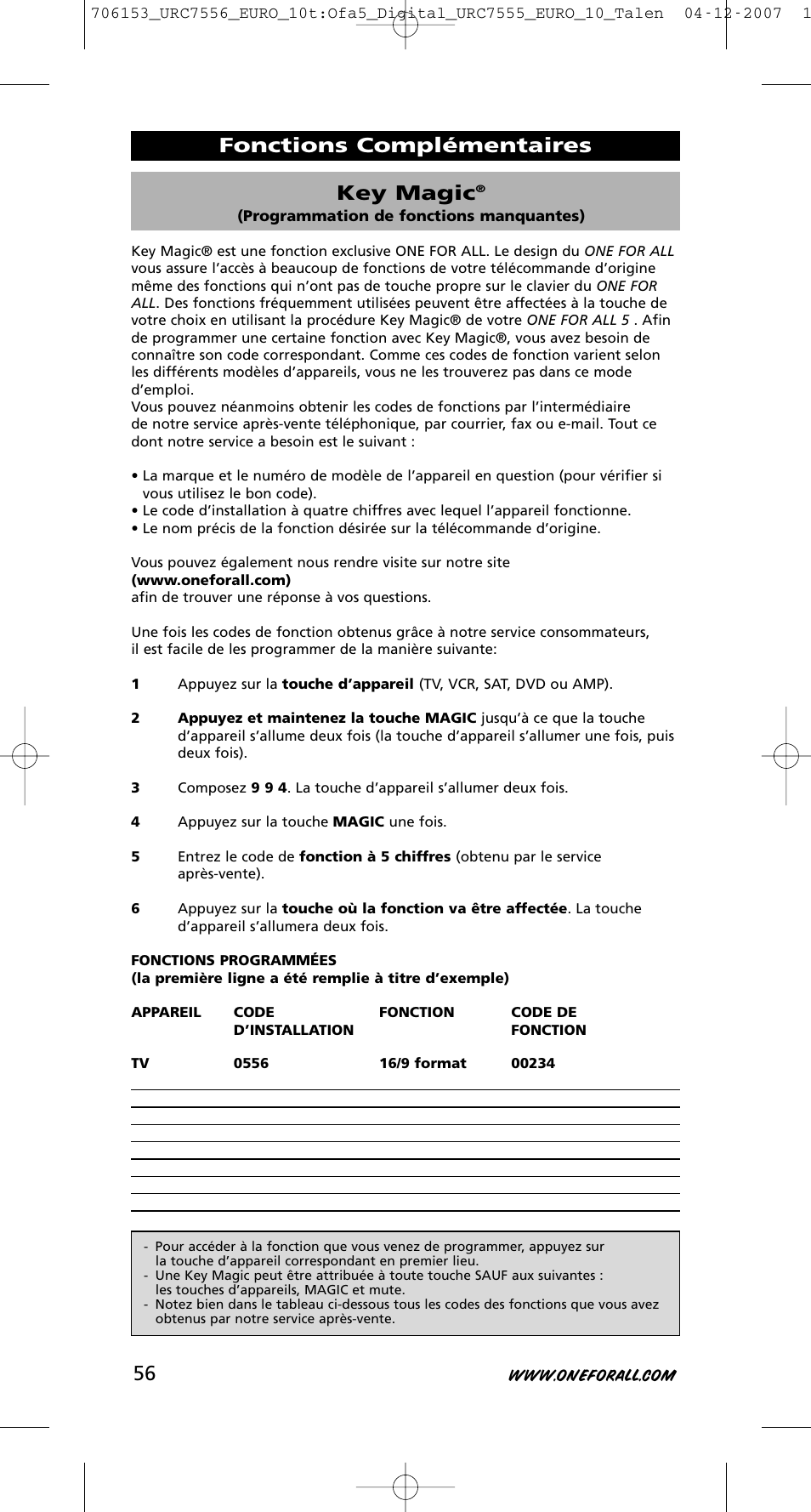 Key magic, Fonctions complémentaires | One for All URC-7556 User Manual | Page 57 / 224