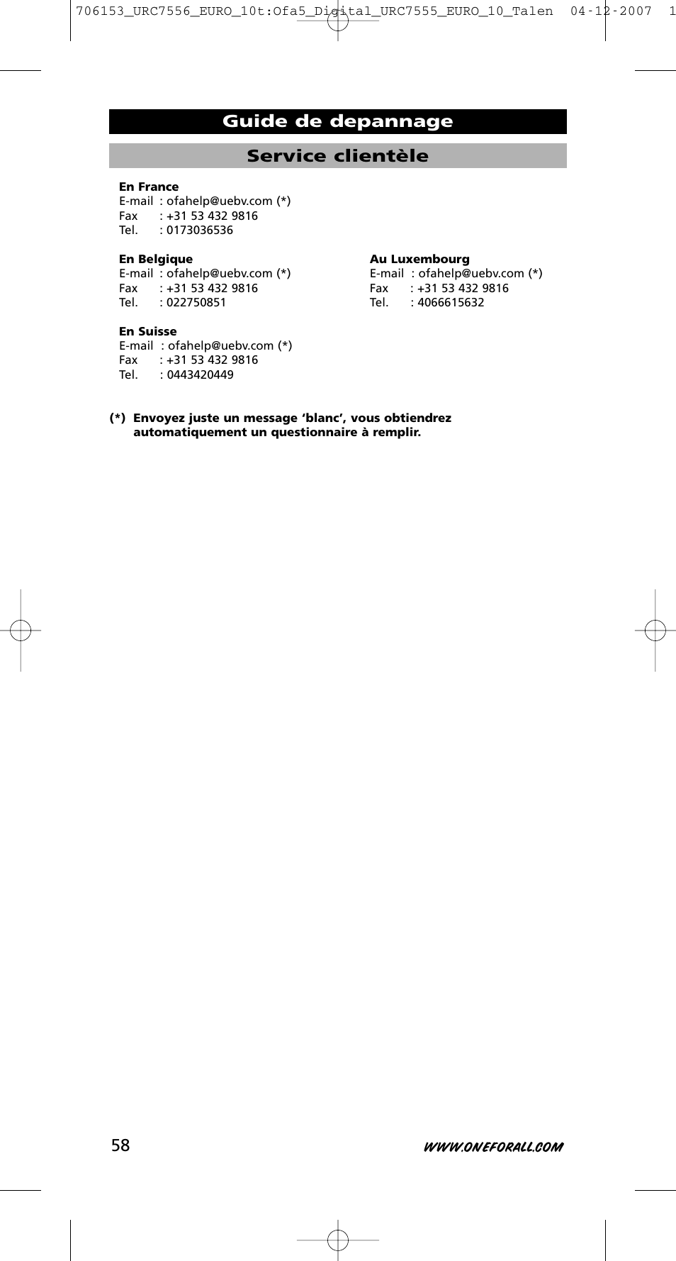 Service clientèle, Guide de depannage | One for All URC-7556 User Manual | Page 59 / 224