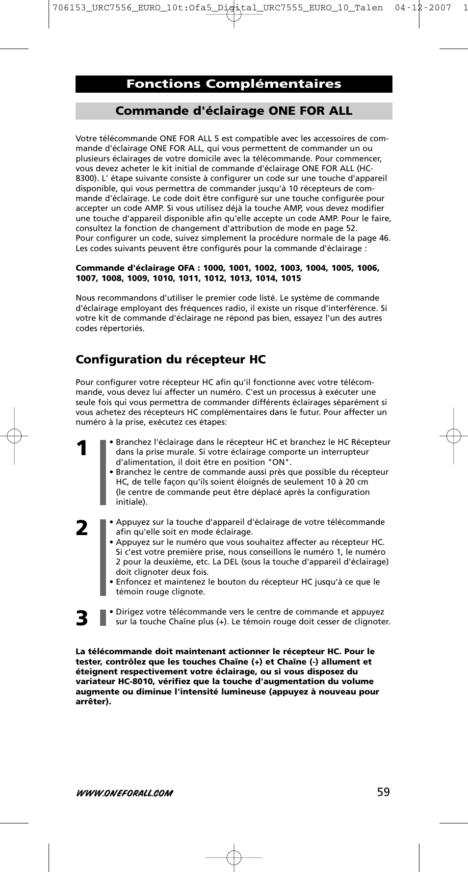 Configuration du récepteur hc | One for All URC-7556 User Manual | Page 60 / 224