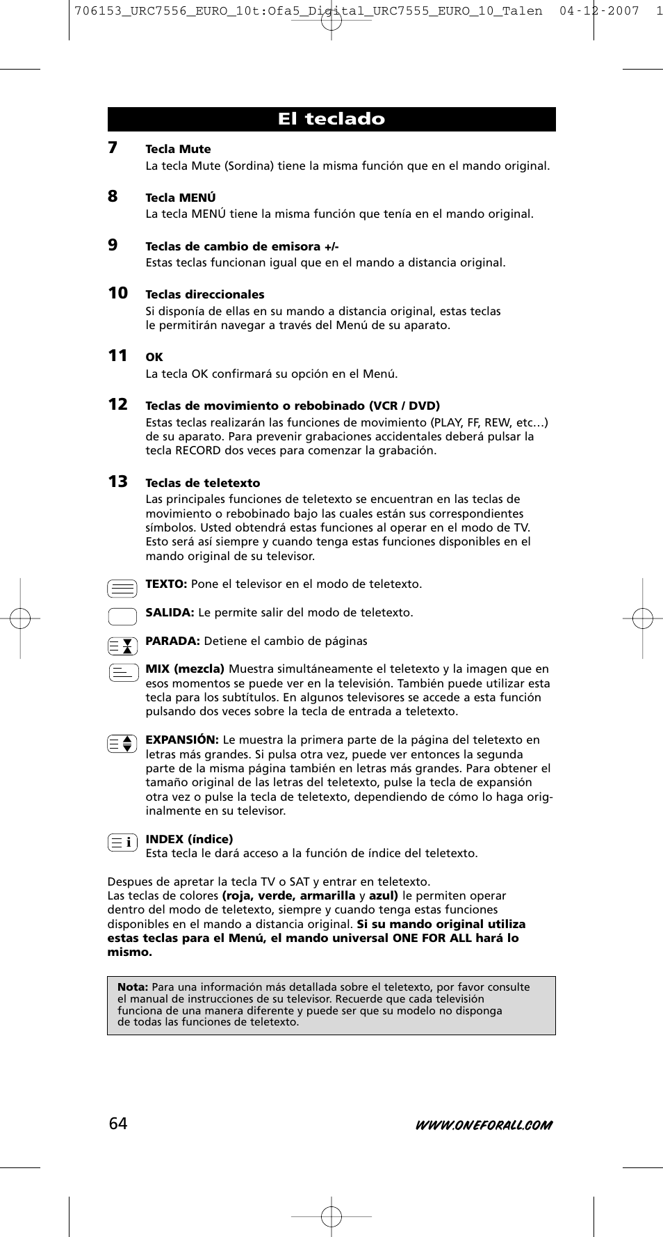 El teclado | One for All URC-7556 User Manual | Page 65 / 224