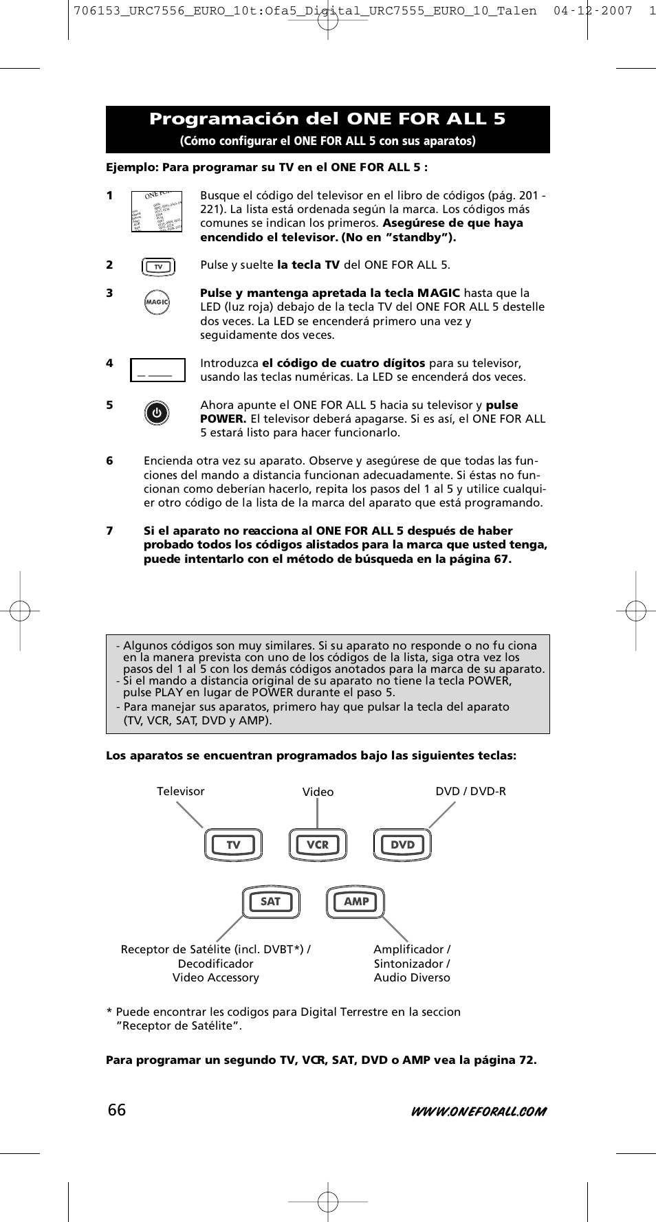 Programación del one for all 5, Cómo configurar el one for all 5 con sus aparatos) | One for All URC-7556 User Manual | Page 67 / 224