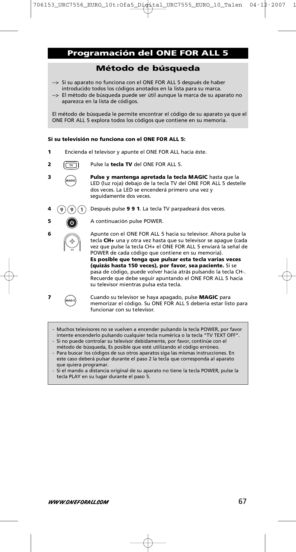 Programación del one for all 5 método de búsqueda | One for All URC-7556 User Manual | Page 68 / 224