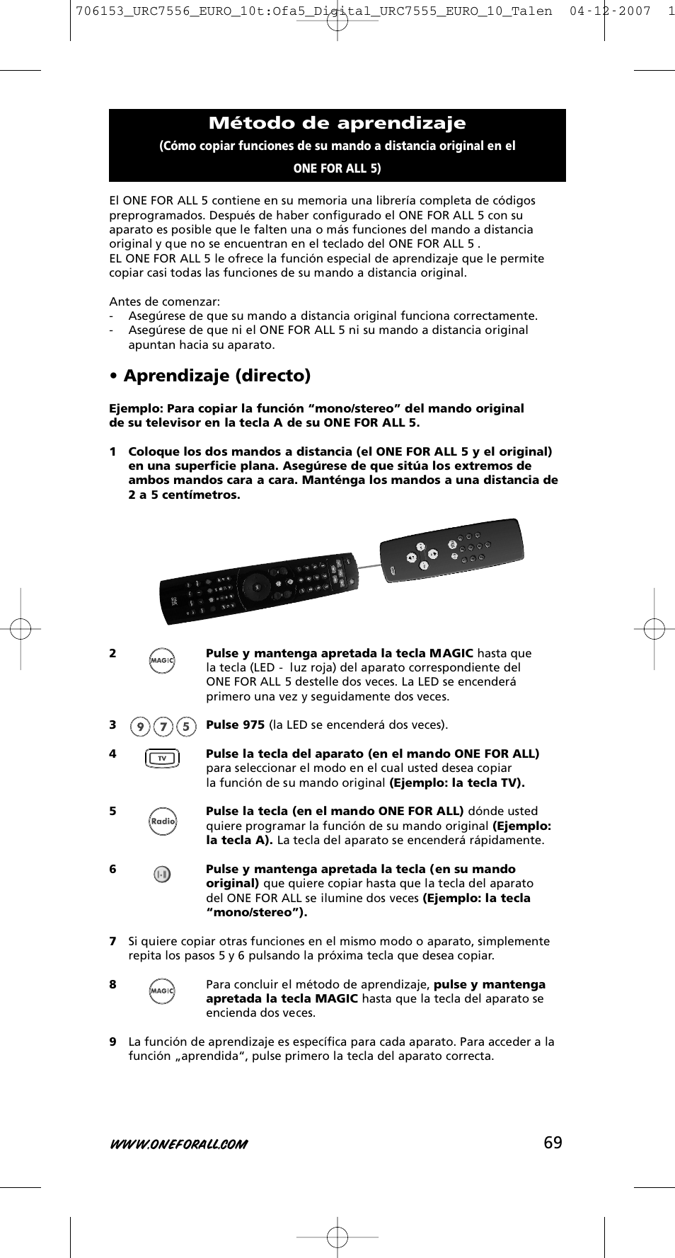 Aprendizaje (directo), Método de aprendizaje | One for All URC-7556 User Manual | Page 70 / 224