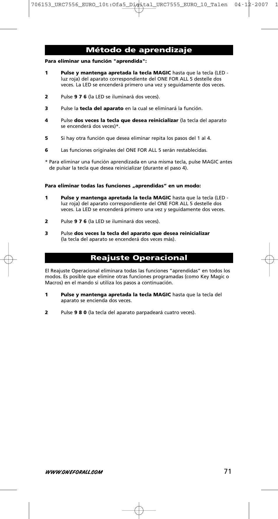 Reajuste operacional, Método de aprendizaje | One for All URC-7556 User Manual | Page 72 / 224