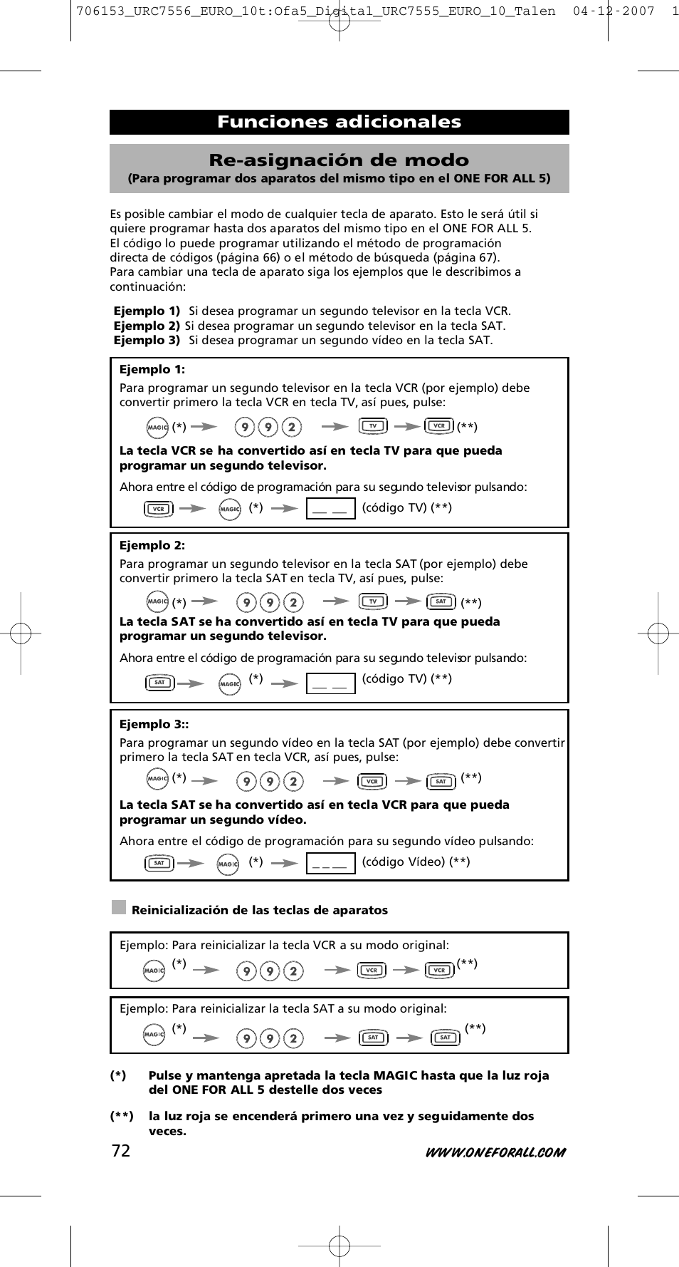 Funciones adicionales re-asignación de modo | One for All URC-7556 User Manual | Page 73 / 224