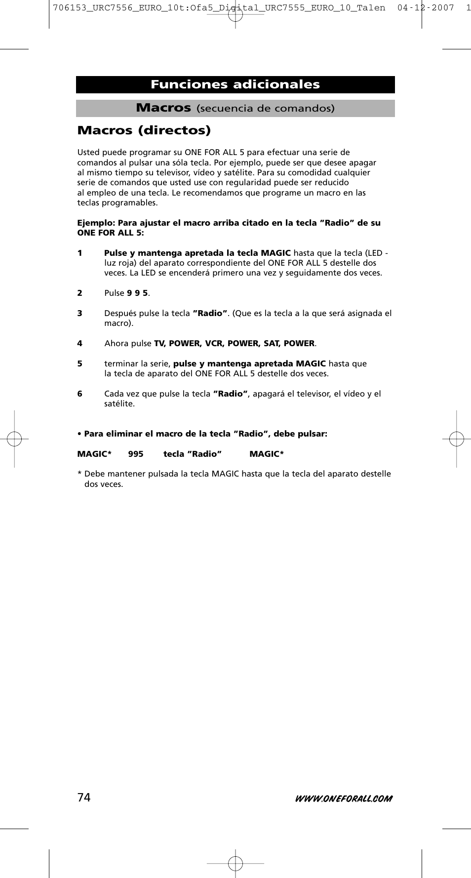 Macros, Funciones adicionales macros (directos) | One for All URC-7556 User Manual | Page 75 / 224