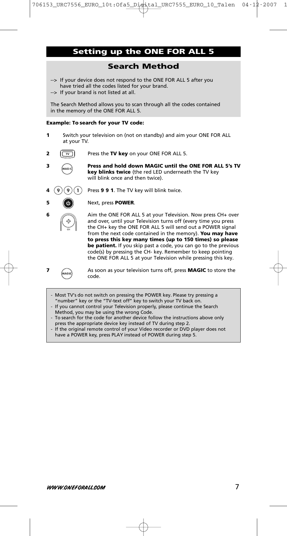 Setting up the one for all 5 search method | One for All URC-7556 User Manual | Page 8 / 224