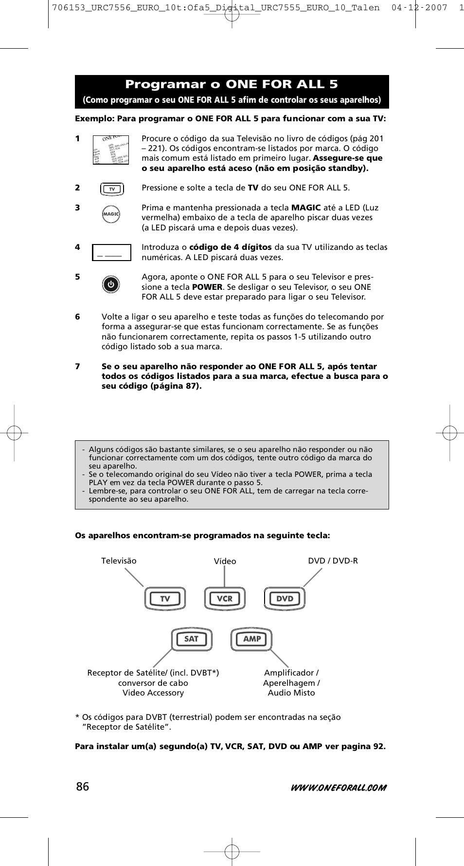 Programar o one for all 5 | One for All URC-7556 User Manual | Page 87 / 224