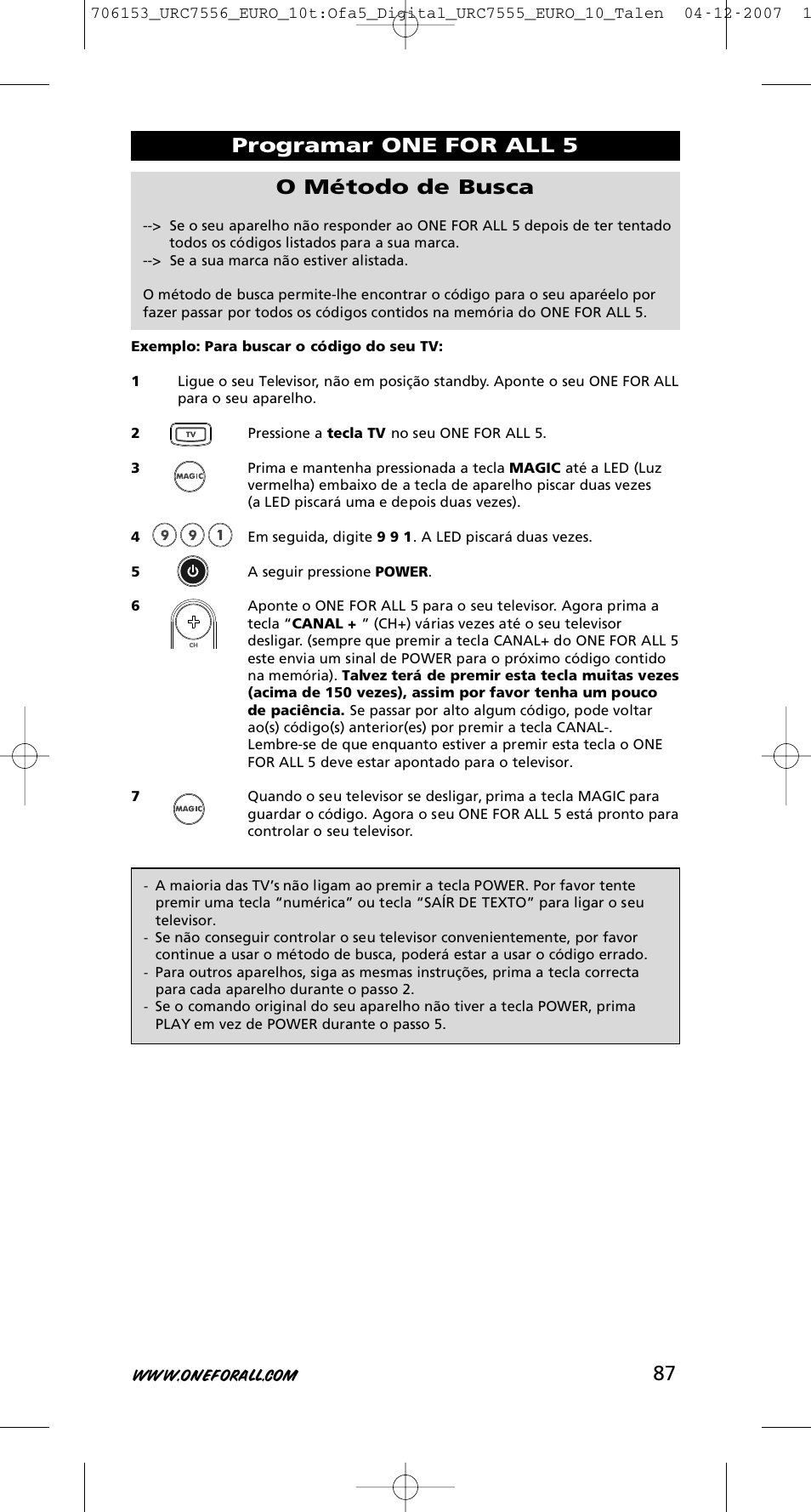 Programar one for all 5 o método de busca | One for All URC-7556 User Manual | Page 88 / 224