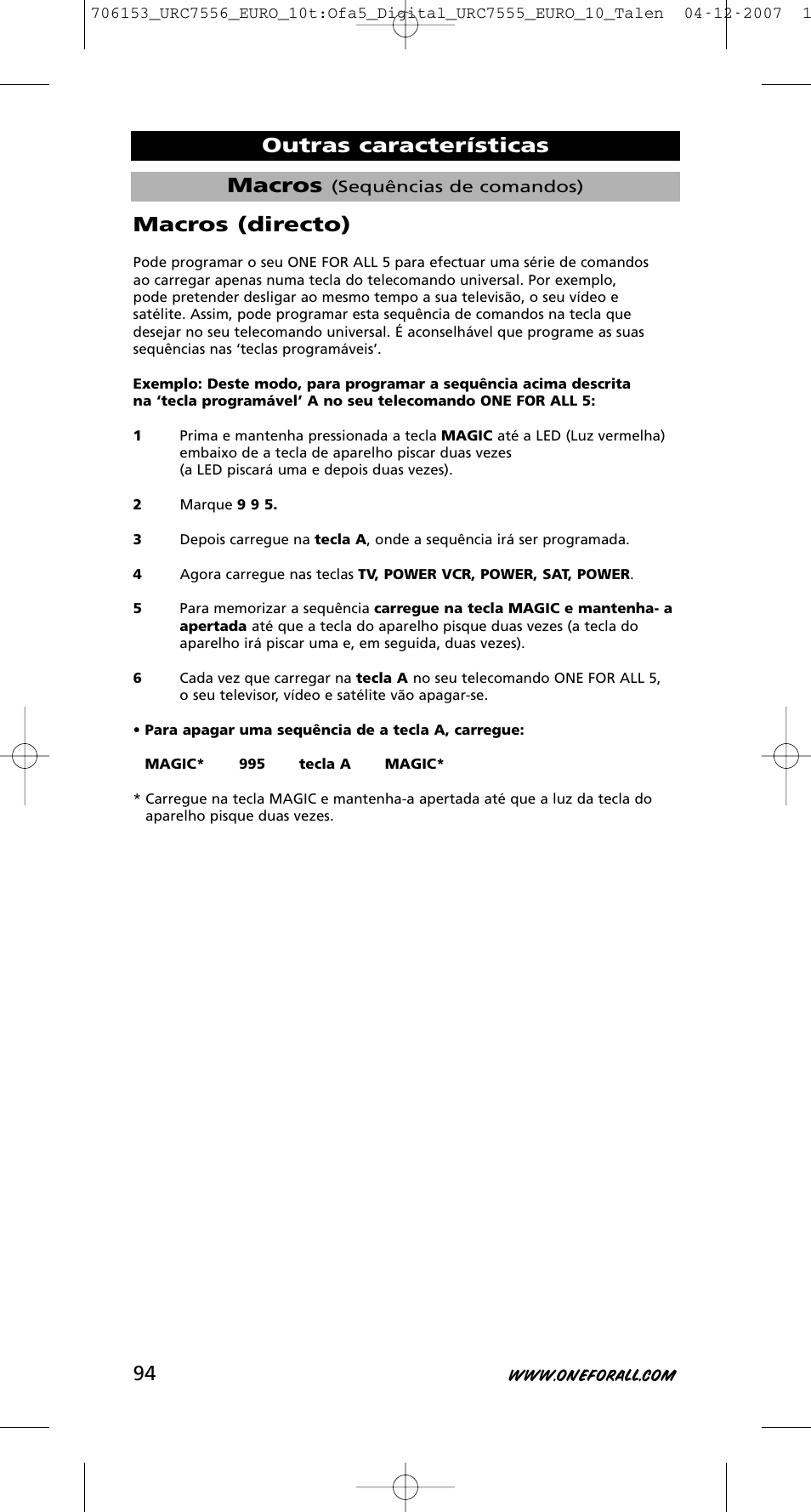 Macros, Outras características macros (directo) | One for All URC-7556 User Manual | Page 95 / 224