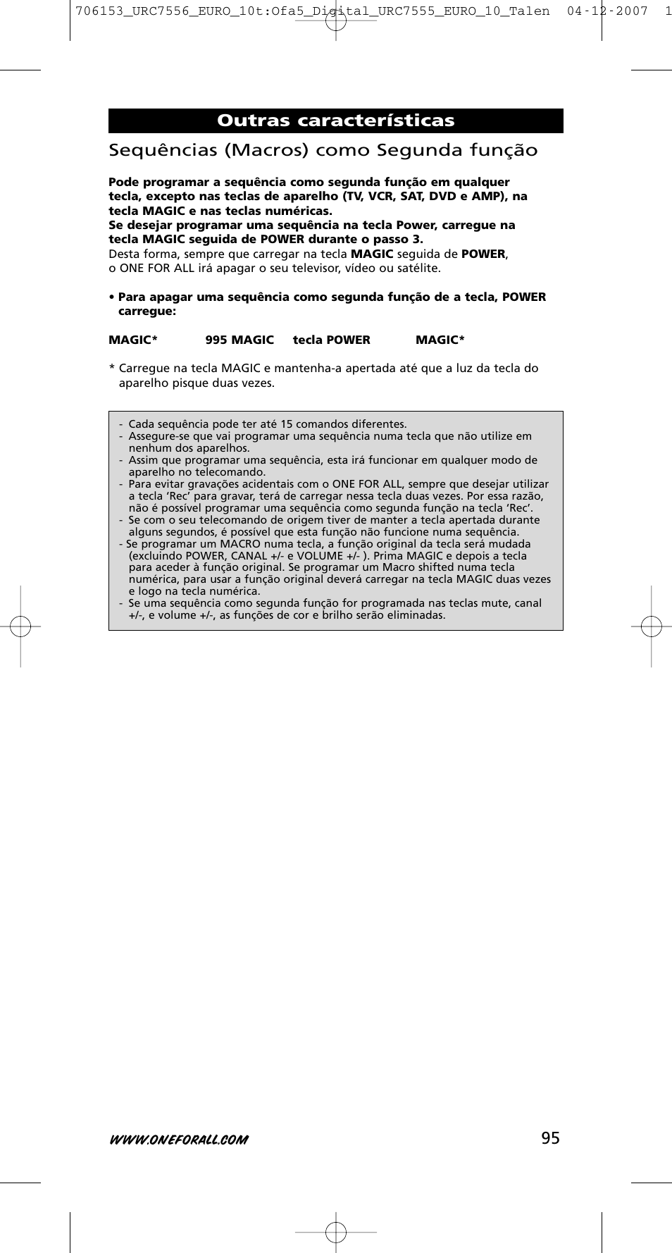 95 sequências (macros) como segunda função, Outras características | One for All URC-7556 User Manual | Page 96 / 224