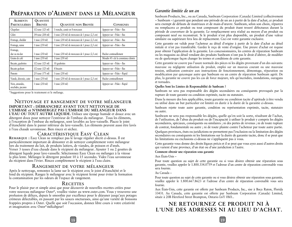 Caractéristique easy clean, Rangement de votre mélangeur, Recettes | Réparation, Liment, Dans, Élangeur | Oster 133093-005-000 User Manual | Page 10 / 10