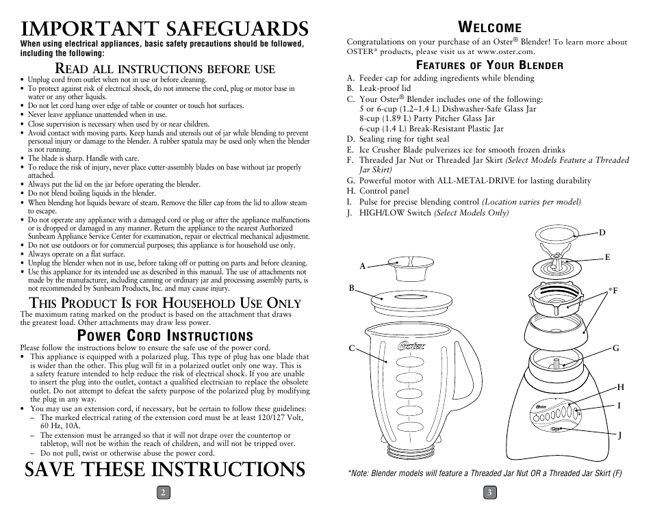 Important safeguards, Save these instructions | Oster 133093-005-000 User Manual | Page 2 / 10