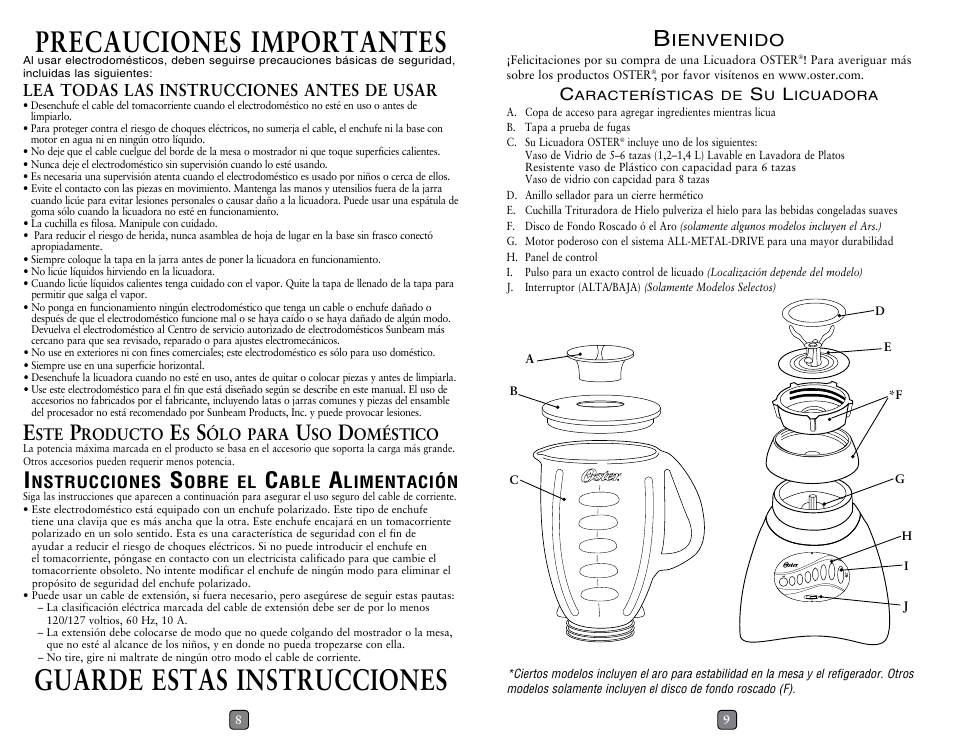 Precauciones importantes, Guarde estas instrucciones, Lea todas las instrucciones antes de usar | Oster 133093-005-000 User Manual | Page 5 / 10