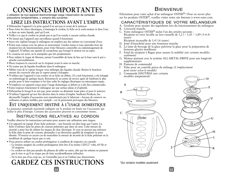 Consignes importantes, Gardez ces instructions, Lisez les instructions avant l’emploi | Oster 133093-005-000 User Manual | Page 8 / 10