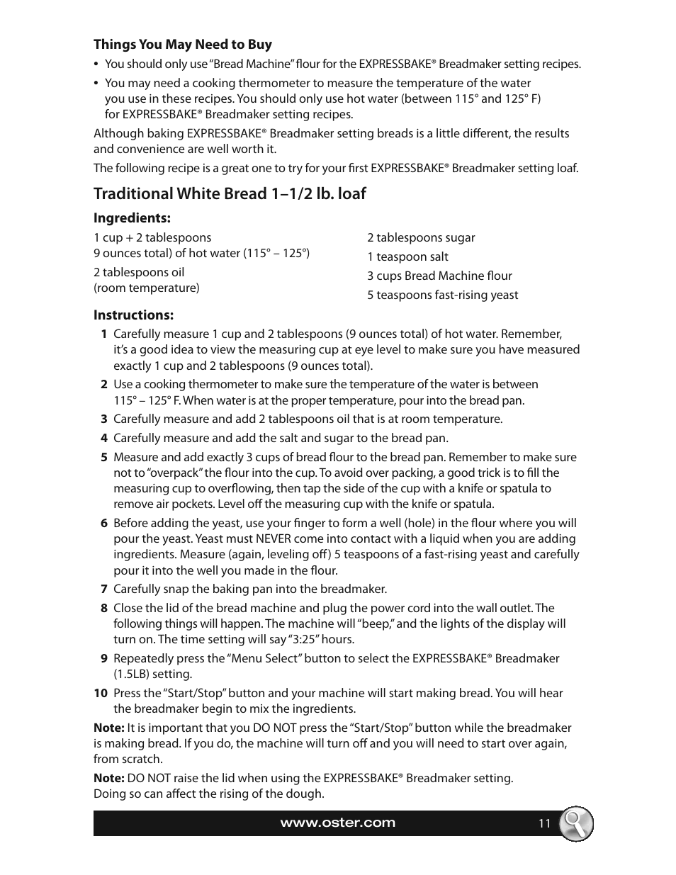 Traditional white bread 1–1/2 lb. loaf | Oster EXPRESSBAKE CKSTBRTW20 User Manual | Page 11 / 80