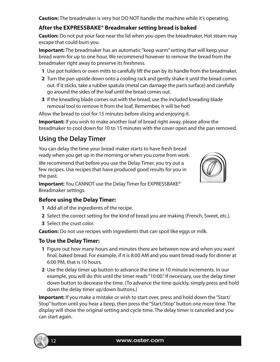 Using the delay timer | Oster EXPRESSBAKE CKSTBRTW20 User Manual | Page 12 / 80