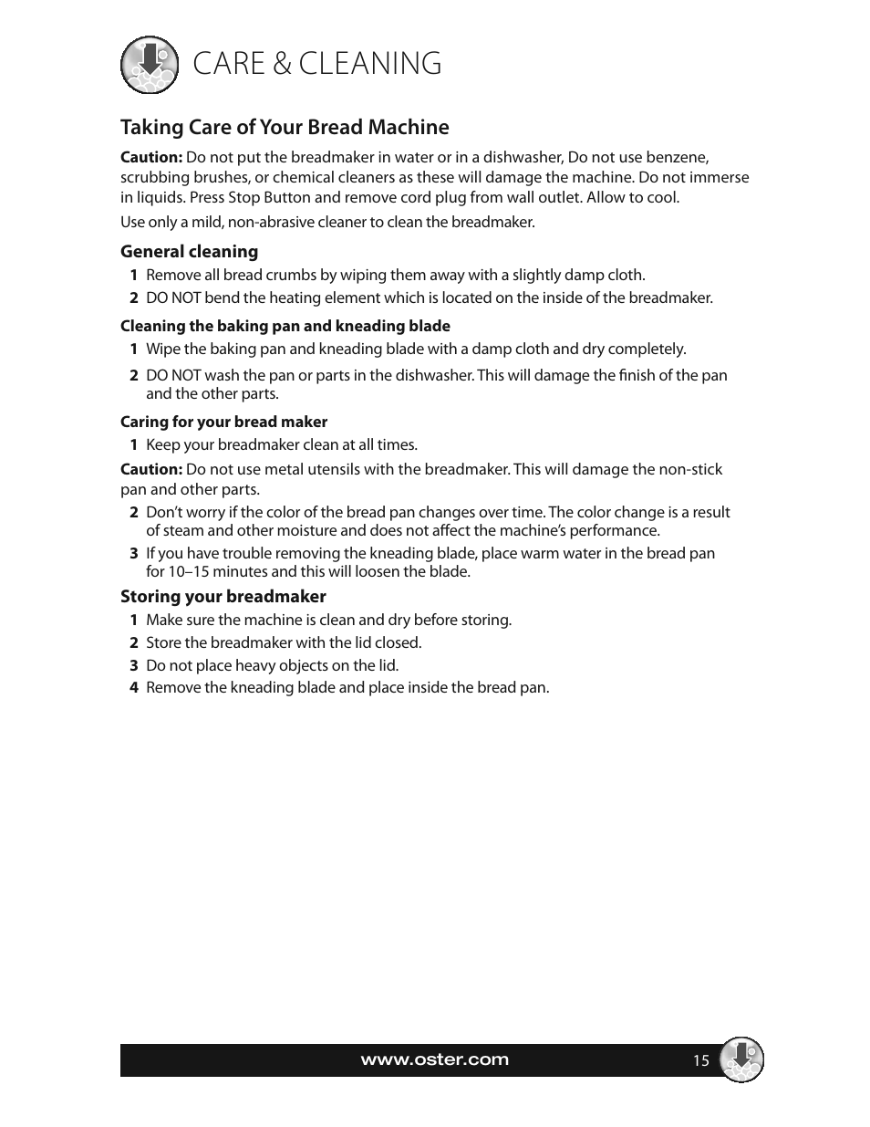 Care & cleaning, Taking care of your bread machine | Oster EXPRESSBAKE CKSTBRTW20 User Manual | Page 15 / 80