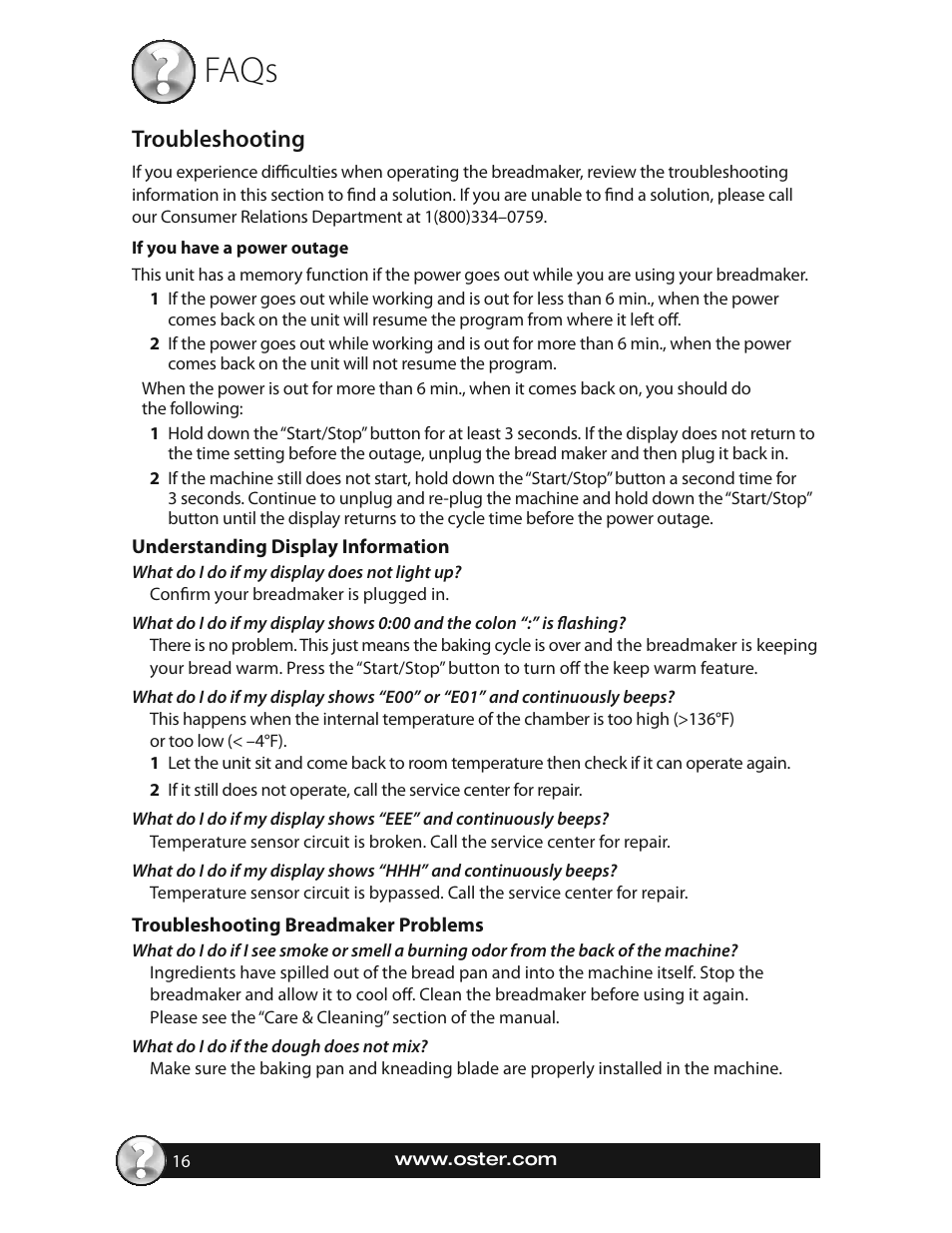 Faqs, Troubleshooting | Oster EXPRESSBAKE CKSTBRTW20 User Manual | Page 16 / 80