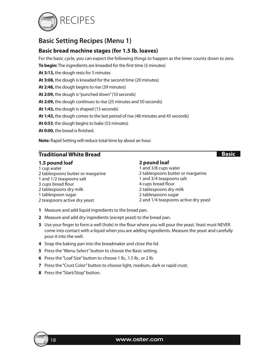 Recipes, Basic setting recipes (menu 1) | Oster EXPRESSBAKE CKSTBRTW20 User Manual | Page 18 / 80