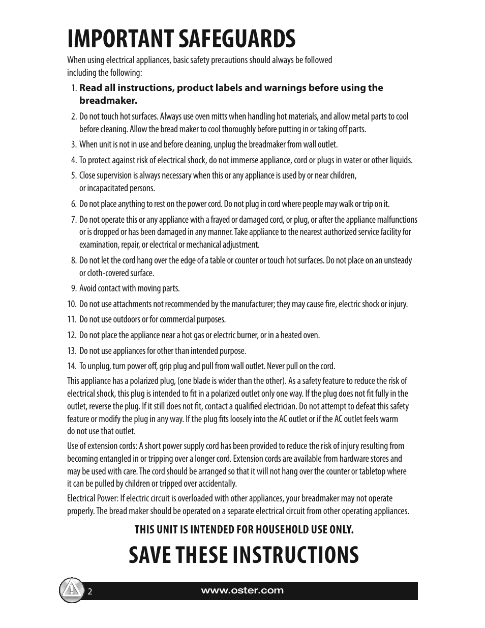 Important safeguards, Save these instructions | Oster EXPRESSBAKE CKSTBRTW20 User Manual | Page 2 / 80