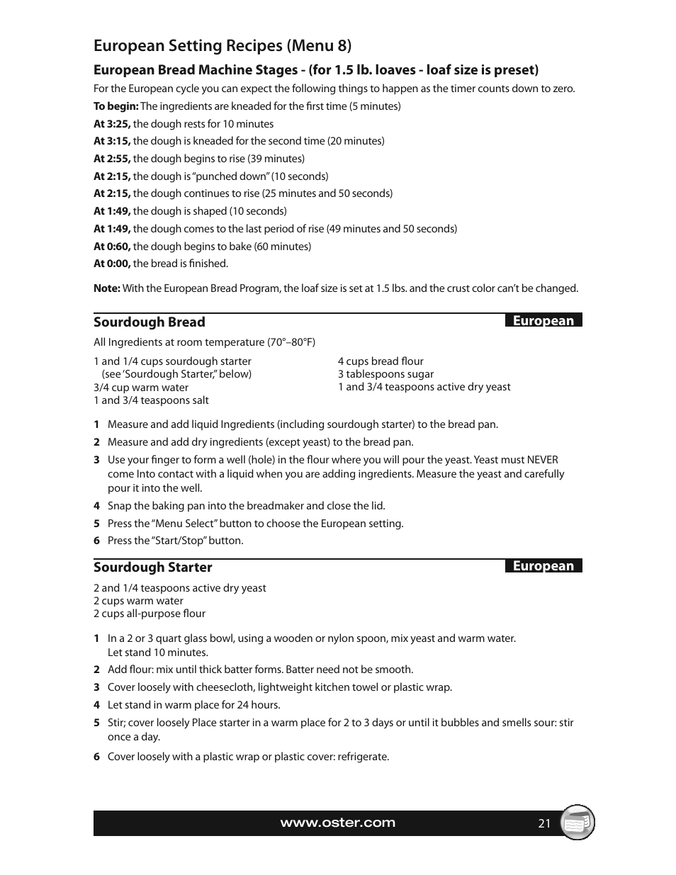 European setting recipes (menu 8) | Oster EXPRESSBAKE CKSTBRTW20 User Manual | Page 21 / 80