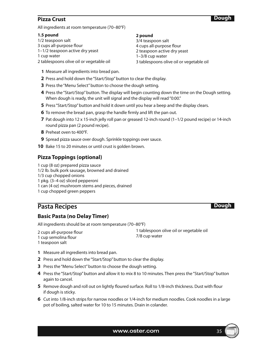 Pasta recipes | Oster EXPRESSBAKE CKSTBRTW20 User Manual | Page 35 / 80