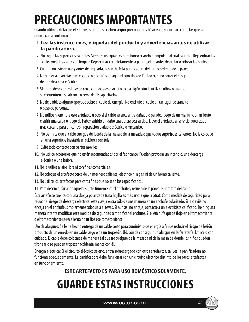 Precauciones importantes, Guarde estas instrucciones | Oster EXPRESSBAKE CKSTBRTW20 User Manual | Page 41 / 80