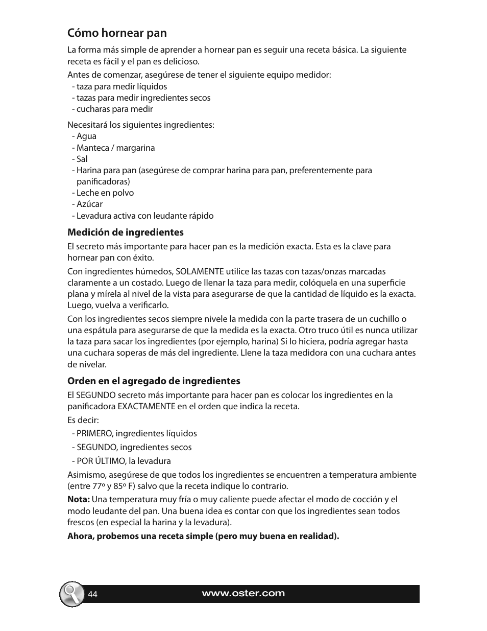 Cómo hornear pan | Oster EXPRESSBAKE CKSTBRTW20 User Manual | Page 44 / 80
