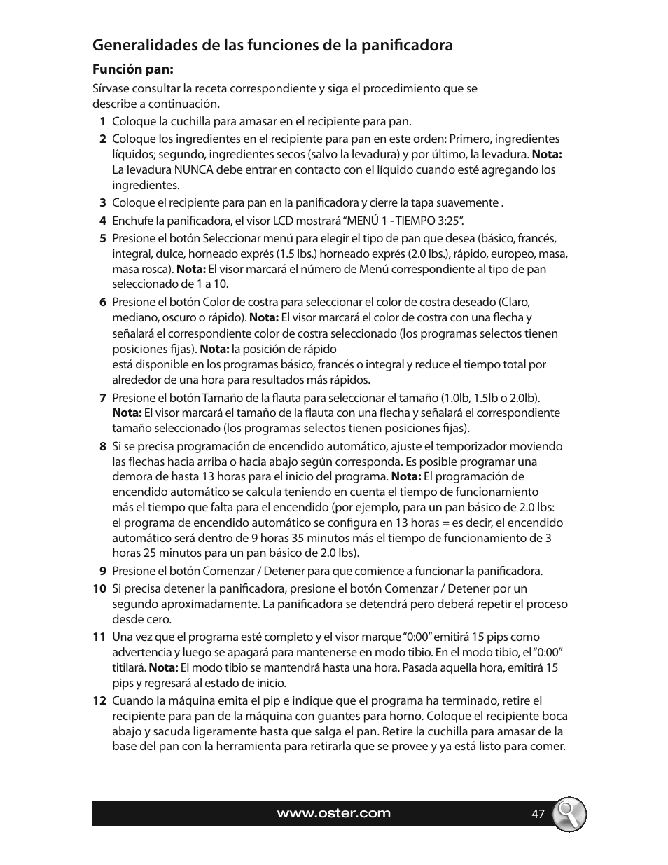 Generalidades de las funciones de la panifi cadora | Oster EXPRESSBAKE CKSTBRTW20 User Manual | Page 47 / 80