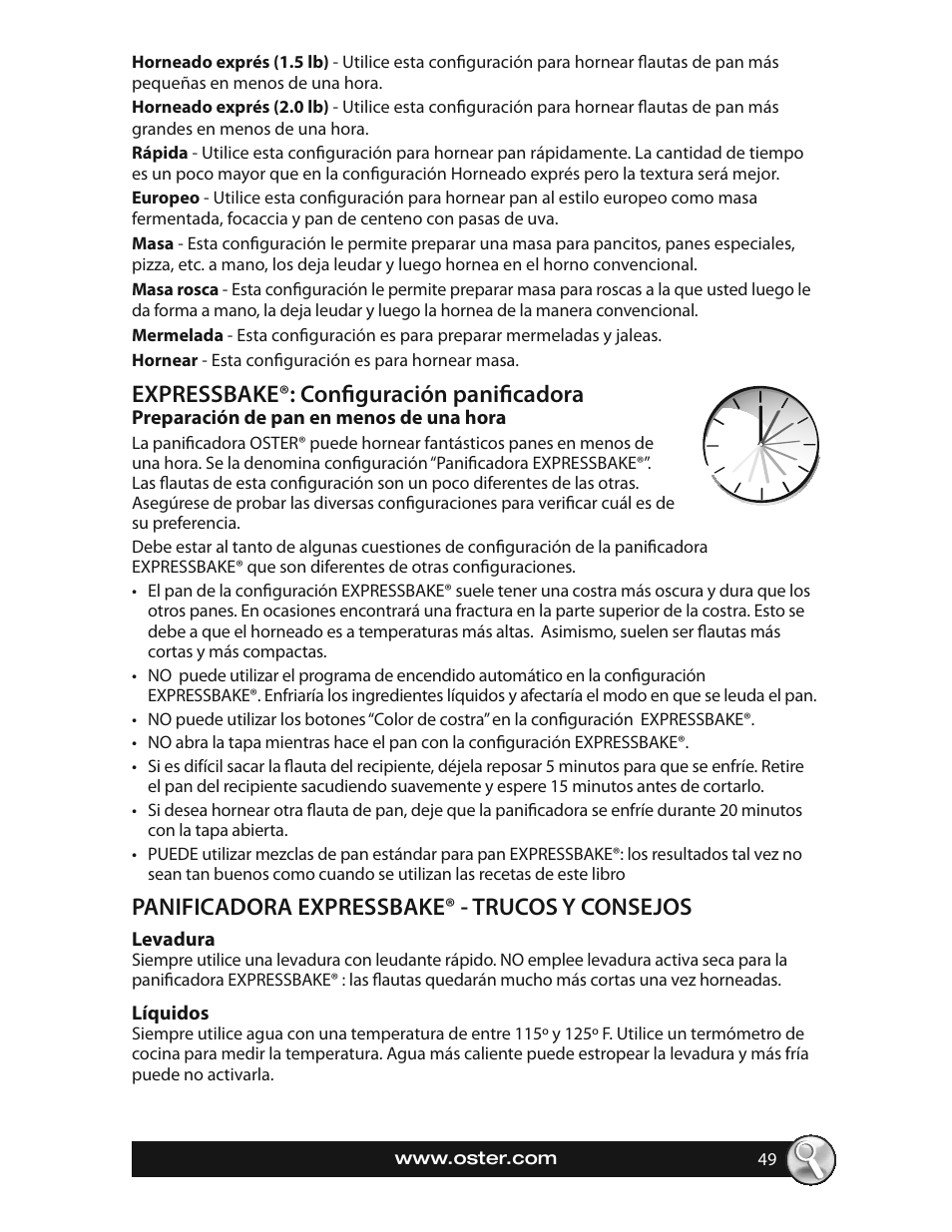 Expressbake®: confi guración panifi cadora, Panificadora expressbake® - trucos y consejos | Oster EXPRESSBAKE CKSTBRTW20 User Manual | Page 49 / 80