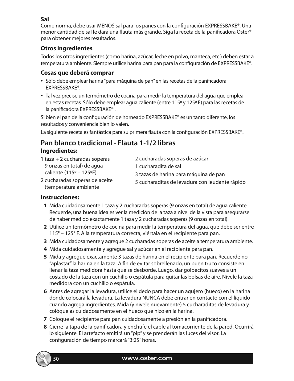 Pan blanco tradicional - flauta 1-1/2 libras | Oster EXPRESSBAKE CKSTBRTW20 User Manual | Page 50 / 80