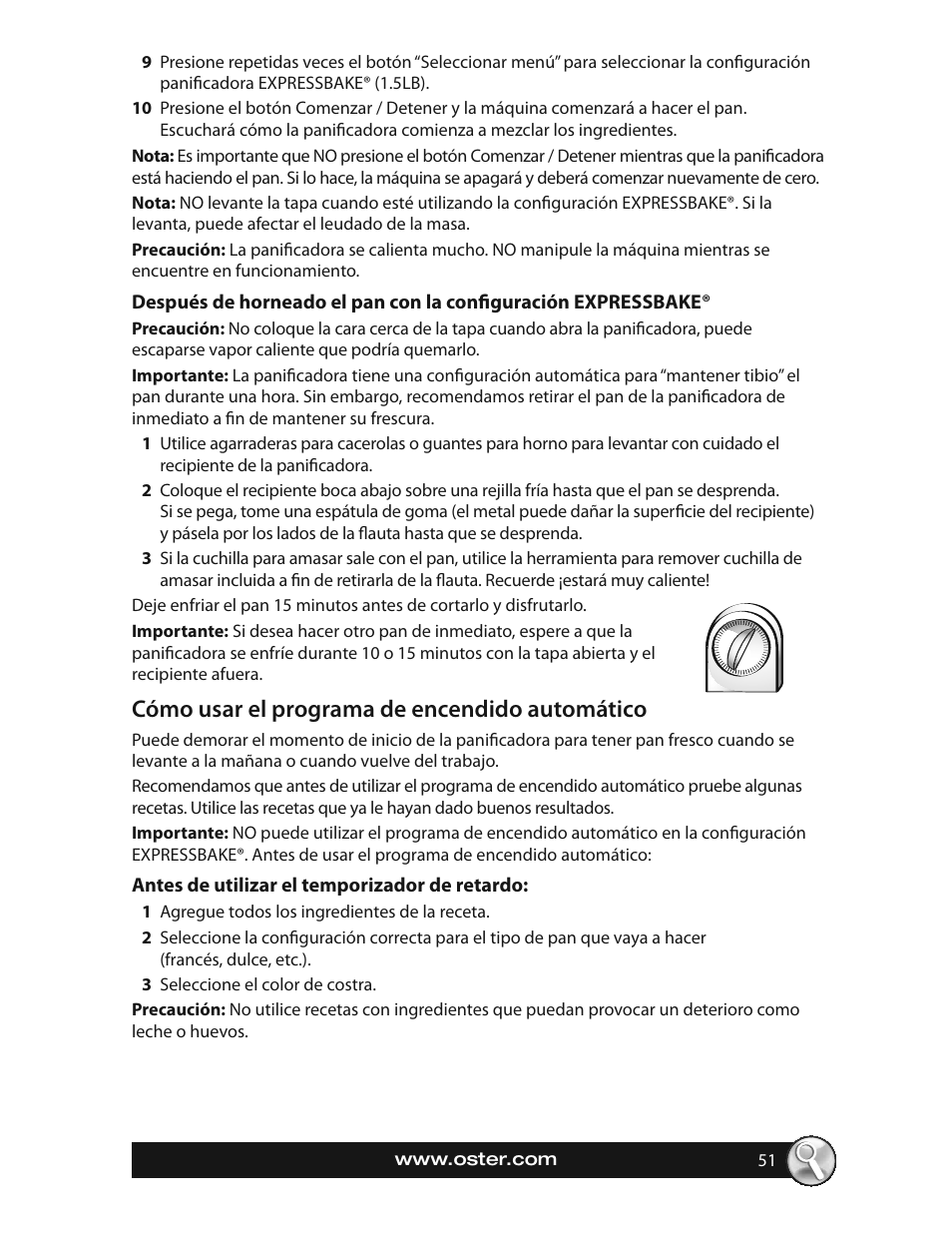 Cómo usar el programa de encendido automático | Oster EXPRESSBAKE CKSTBRTW20 User Manual | Page 51 / 80