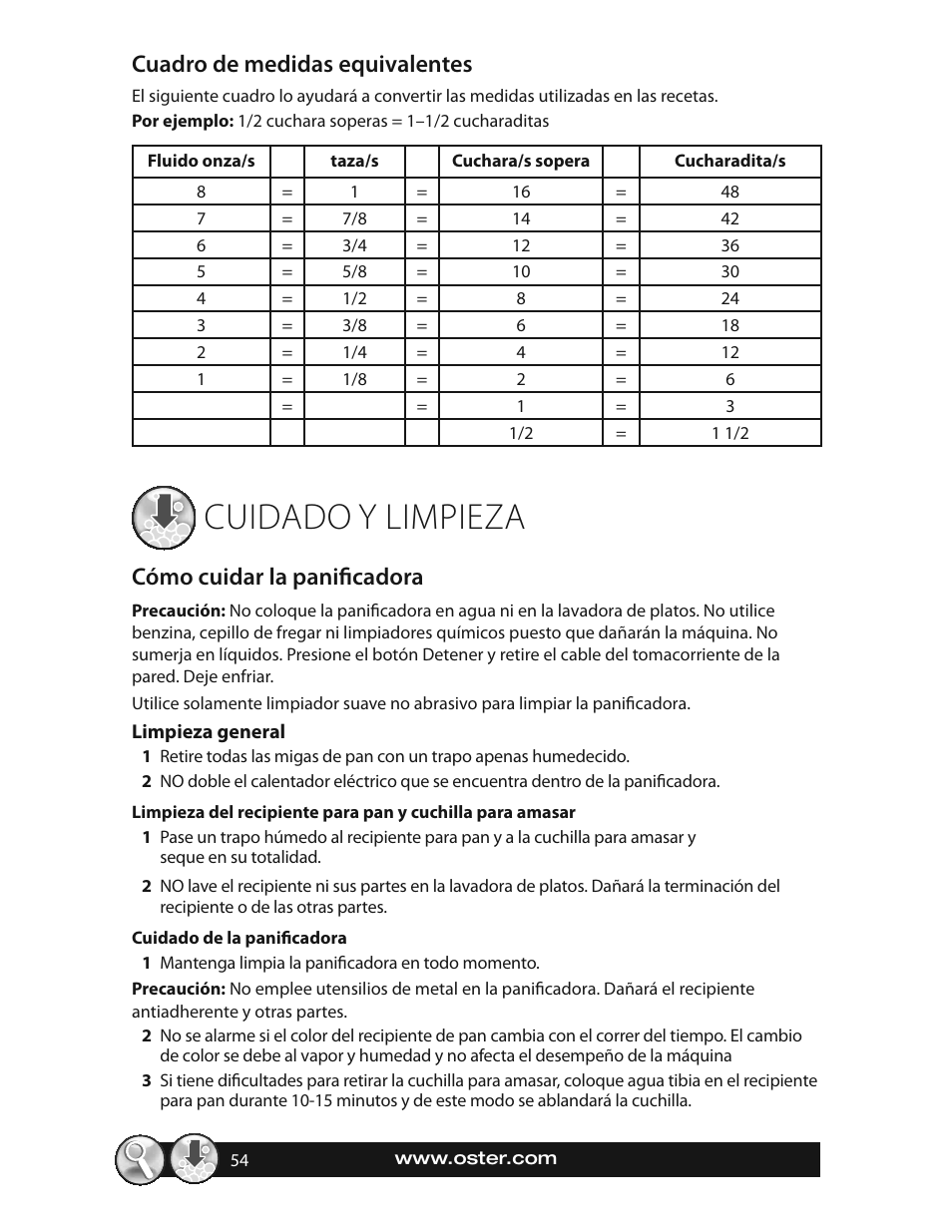 Cuidado y limpieza, Cuadro de medidas equivalentes, Cómo cuidar la panifi cadora | Oster EXPRESSBAKE CKSTBRTW20 User Manual | Page 54 / 80