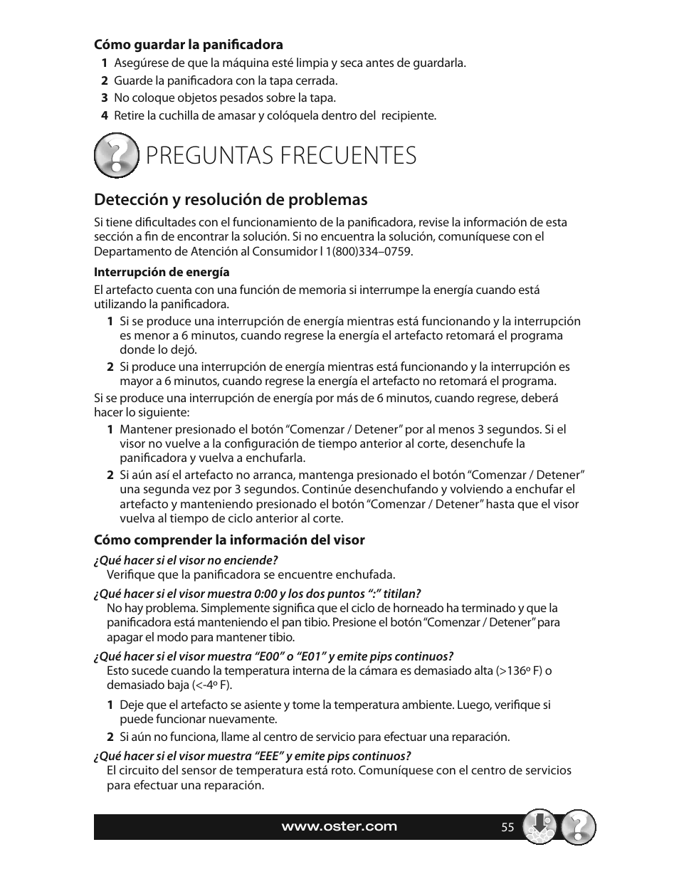 Preguntas frecuentes, Detección y resolución de problemas | Oster EXPRESSBAKE CKSTBRTW20 User Manual | Page 55 / 80