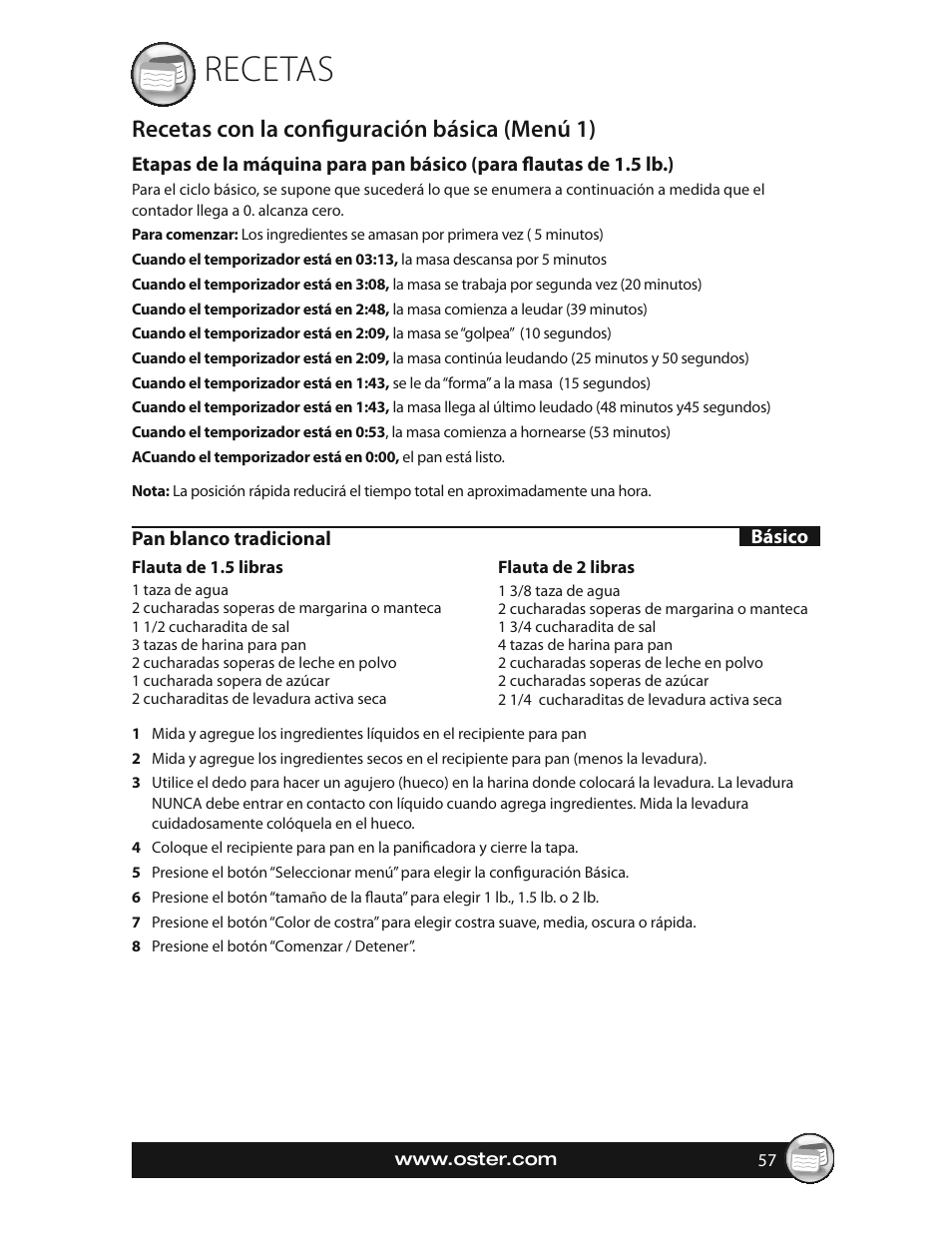 Recetas, Recetas con la confi guración básica (menú 1) | Oster EXPRESSBAKE CKSTBRTW20 User Manual | Page 57 / 80