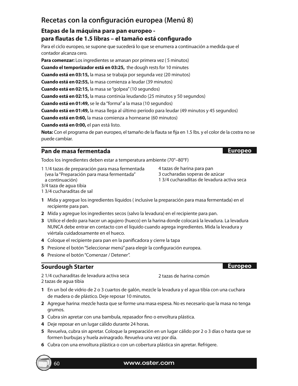 Recetas con la confi guración europea (menú 8) | Oster EXPRESSBAKE CKSTBRTW20 User Manual | Page 60 / 80