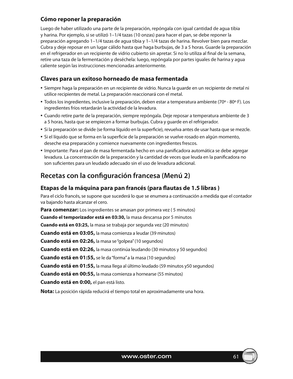 Recetas con la confi guración francesa (menú 2) | Oster EXPRESSBAKE CKSTBRTW20 User Manual | Page 61 / 80