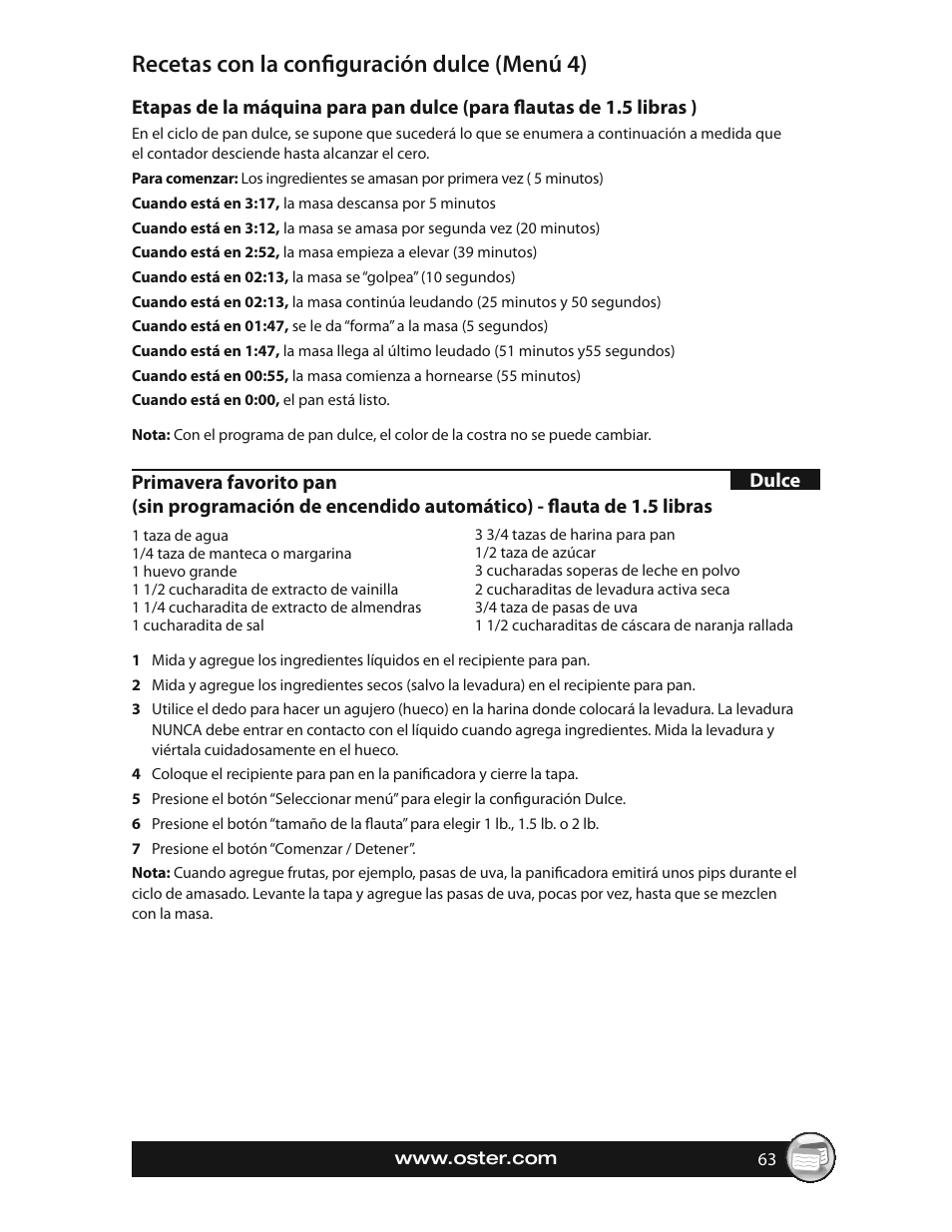 Recetas con la confi guración dulce (menú 4) | Oster EXPRESSBAKE CKSTBRTW20 User Manual | Page 63 / 80
