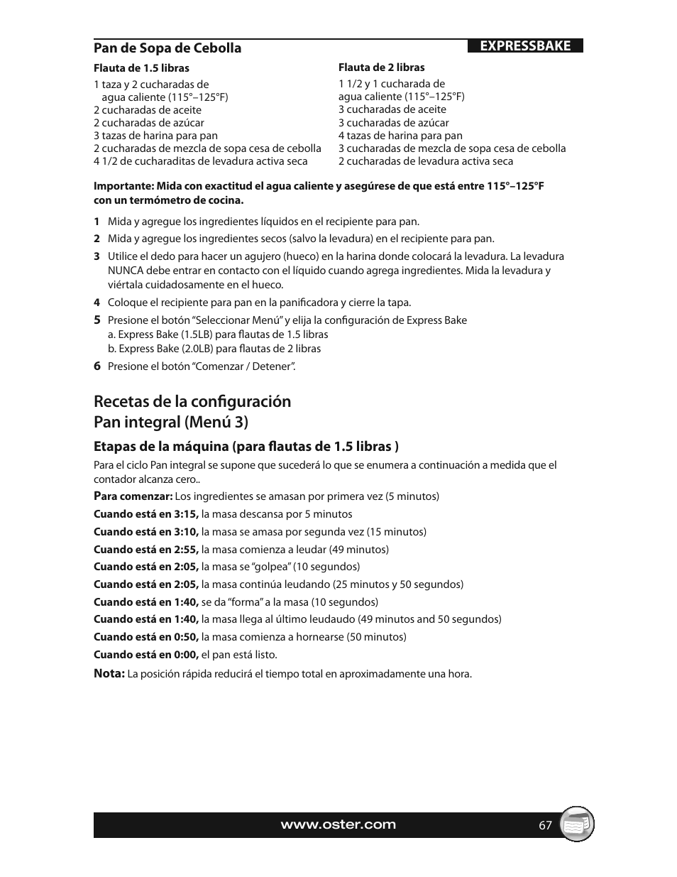Recetas de la confi guración pan integral (menú 3) | Oster EXPRESSBAKE CKSTBRTW20 User Manual | Page 67 / 80