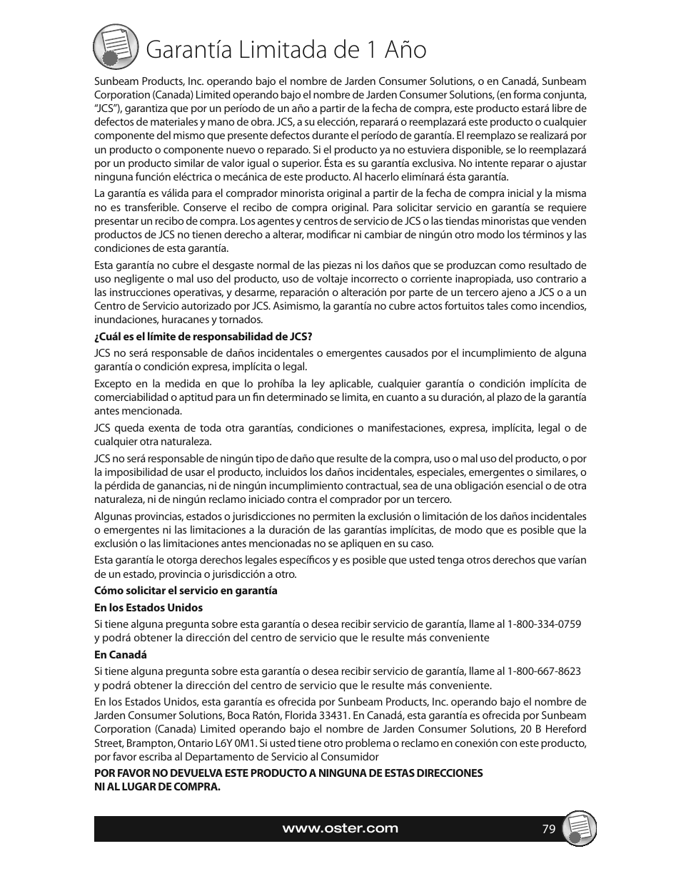 Garantía limitada de 1 año | Oster EXPRESSBAKE CKSTBRTW20 User Manual | Page 79 / 80