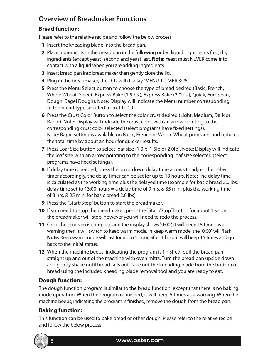 Overview of breadmaker functions | Oster EXPRESSBAKE CKSTBRTW20 User Manual | Page 8 / 80