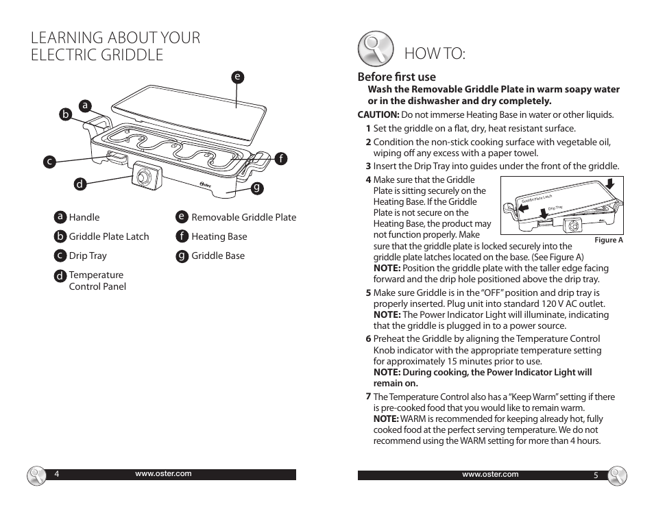Learning about your electric griddle, How to, Before fi rst use | Oster CKSTGRRM25 User Manual | Page 3 / 10