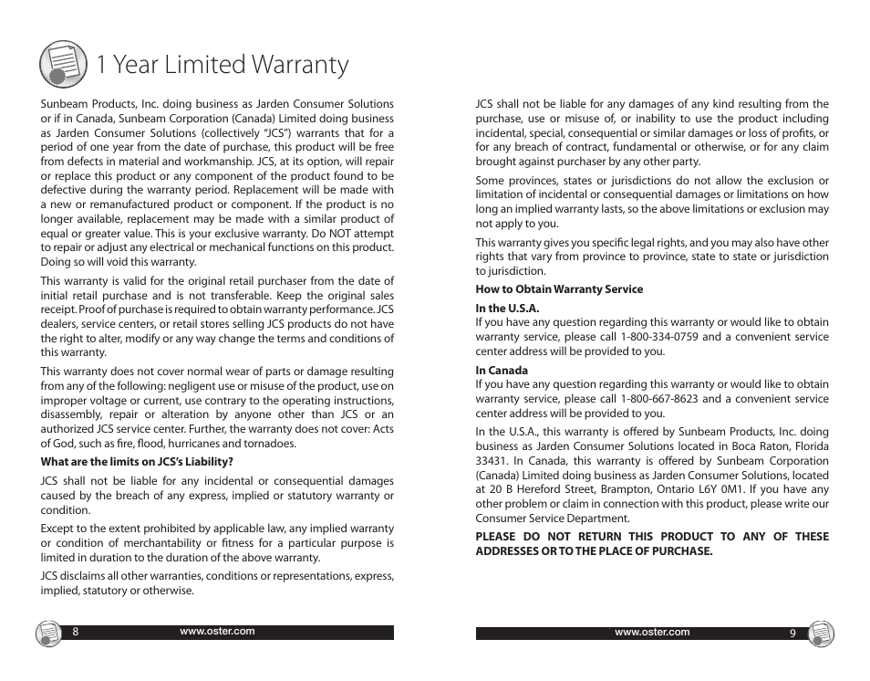 1 year limited warranty | Oster CKSTGRRM25 User Manual | Page 5 / 10